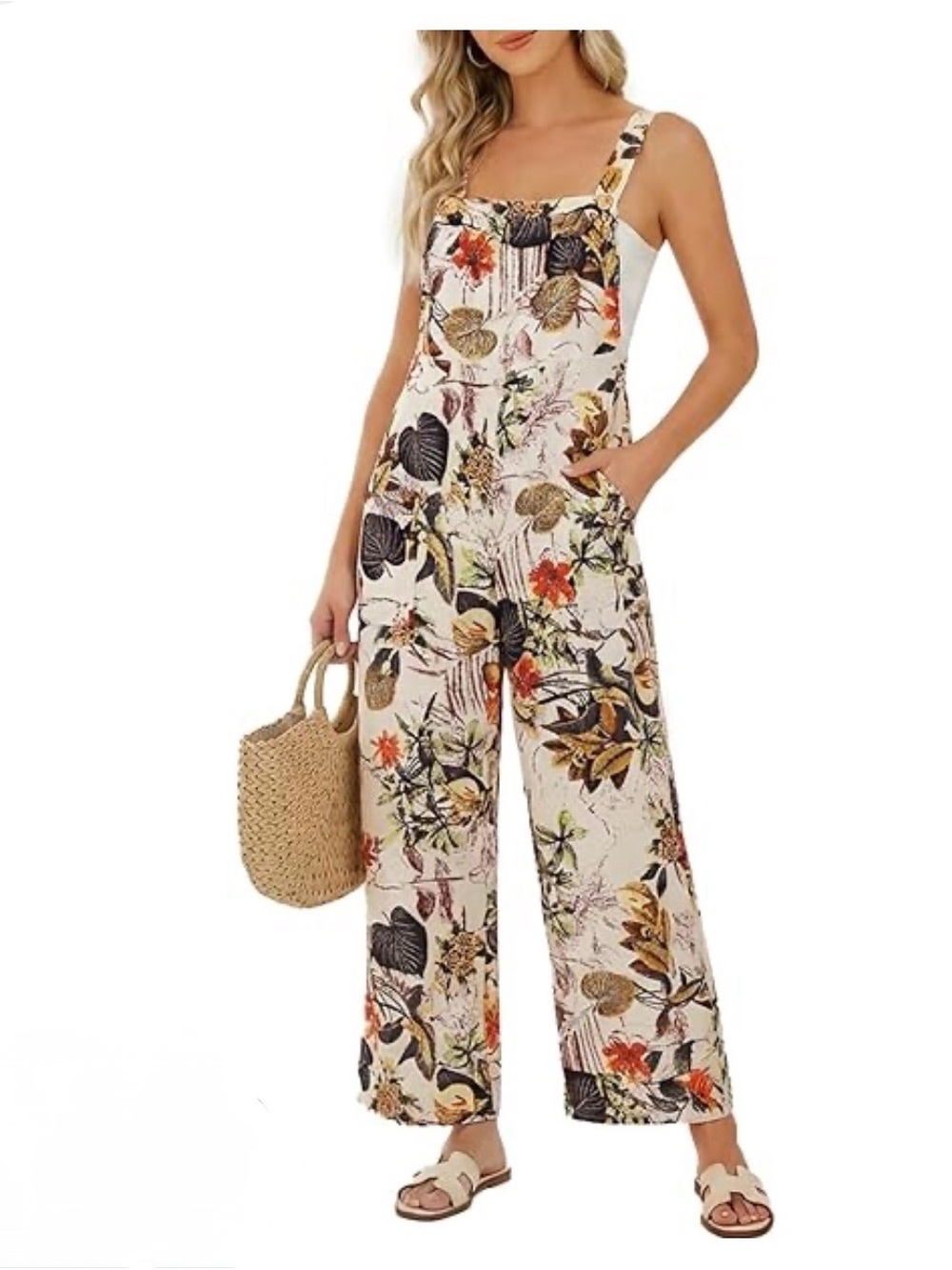 NWT Floral Print Wide-Leg Jumpsuit in Cream XXL